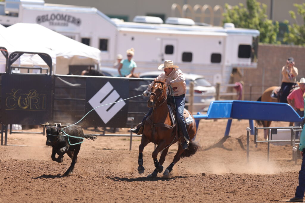 Roper on horseback lassoing a steer during breakaway roping at a rodeo arena with RV and spectators in background