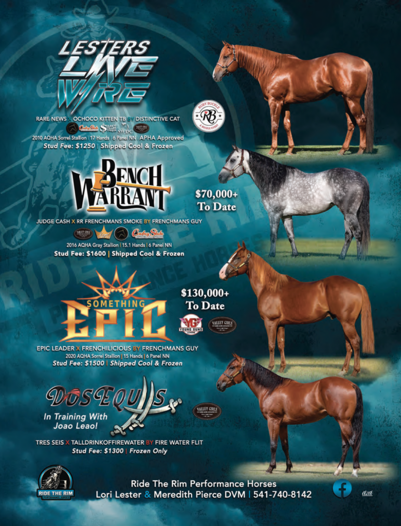 Ride the Rim Performance Horses stallion advertisement featuring four horses and breeding/training information with stud fees
