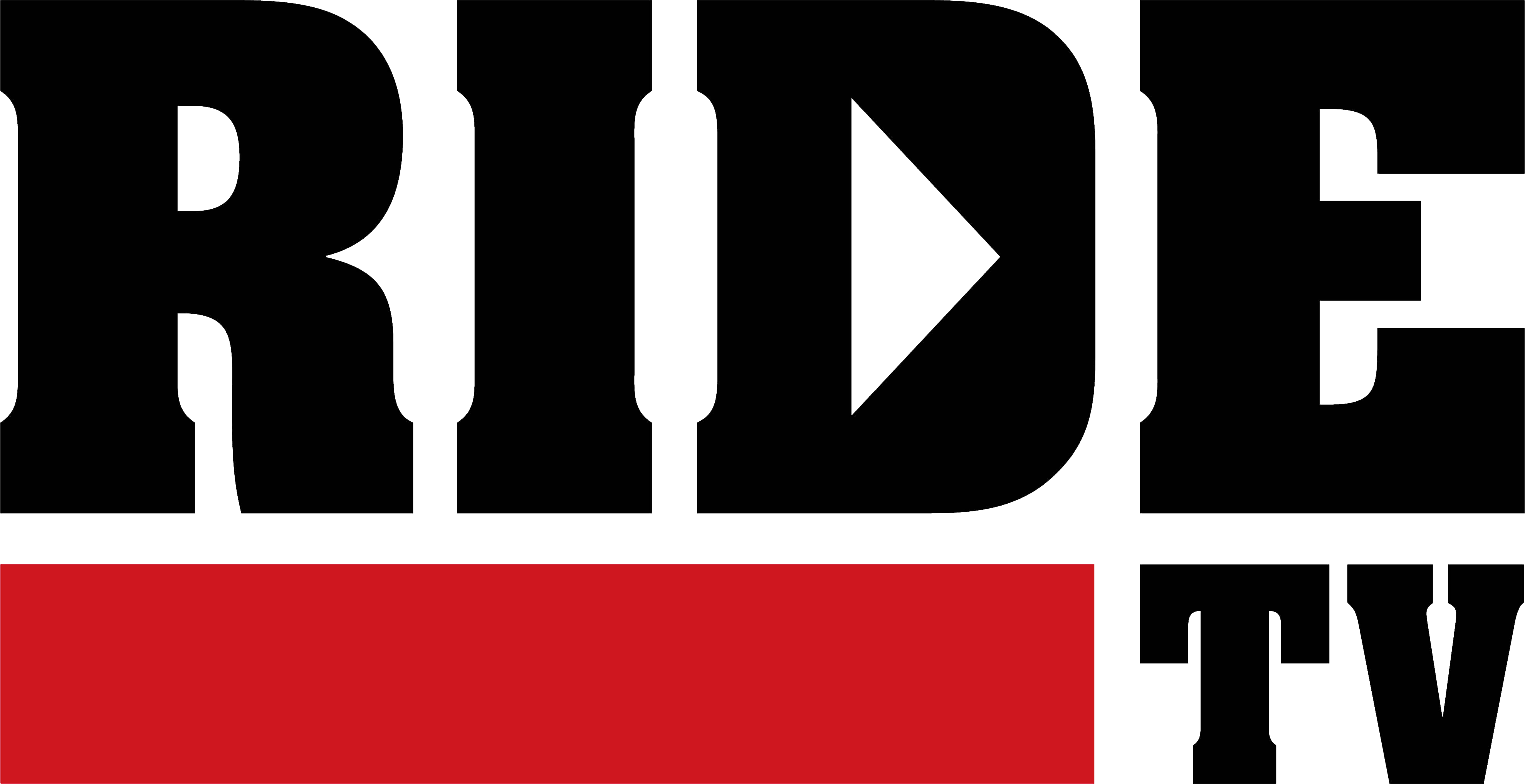 RIDE TV logo with bold black lettering, a white play triangle inside the "D", and a red banner below