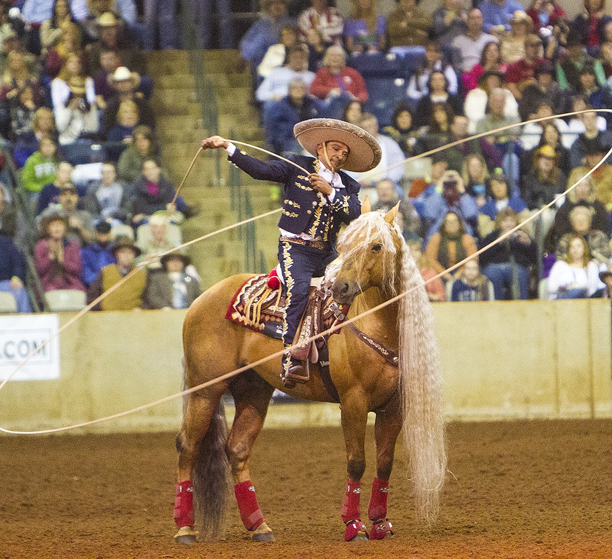 Charro in a sombrero and embroidered suit spins a large trick-roping loop atop a palomino horse in an indoor arena