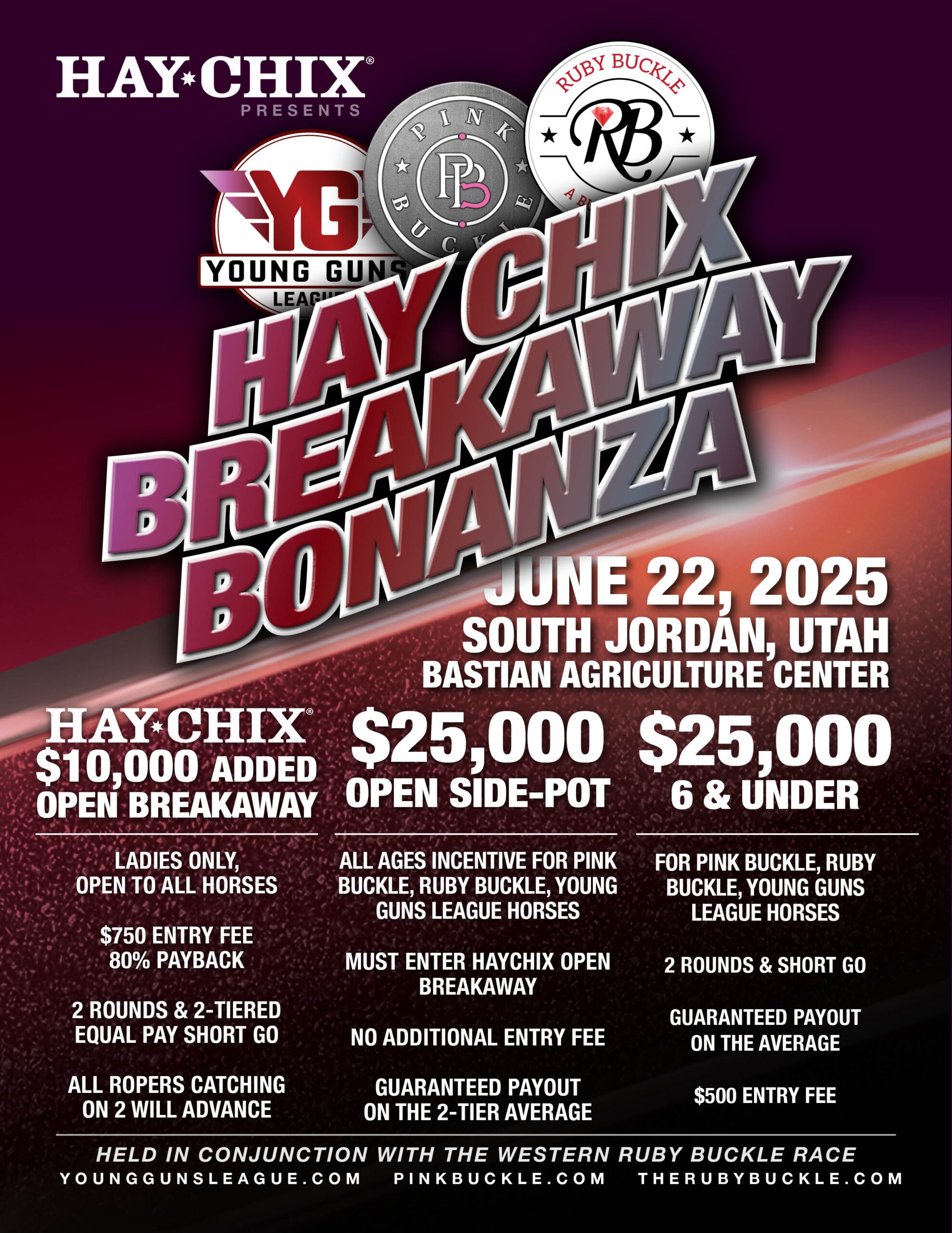 Hay-Chix Breakaway Bonanza rodeo event poster for June 22, 2025, in South Jordan, Utah, featuring $25,000 added purses and competition details.