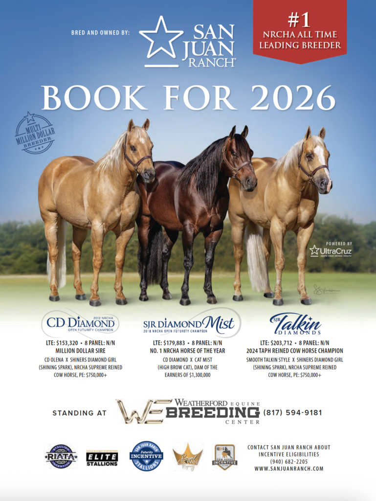 San Juan Ranch 2026 breeding booking advertisement featuring three Quarter Horses standing in a pasture, with stallion details and LTE earnings listed below