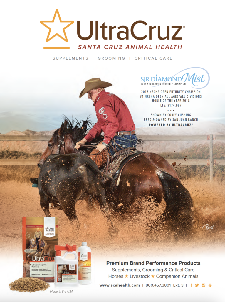 Cowboy in red shirt on dark horse sliding to a stop in arena dust, with UltraCruz animal health products displayed below