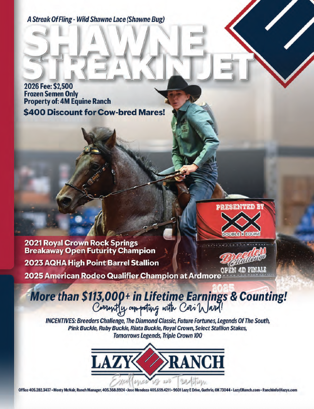 Cowboy on horseback wearing a green shirt and black hat, promoting Shawne Streak In Jet, a stallion standing at Lazy K Ranch with over $113,000 in lifetime earnings