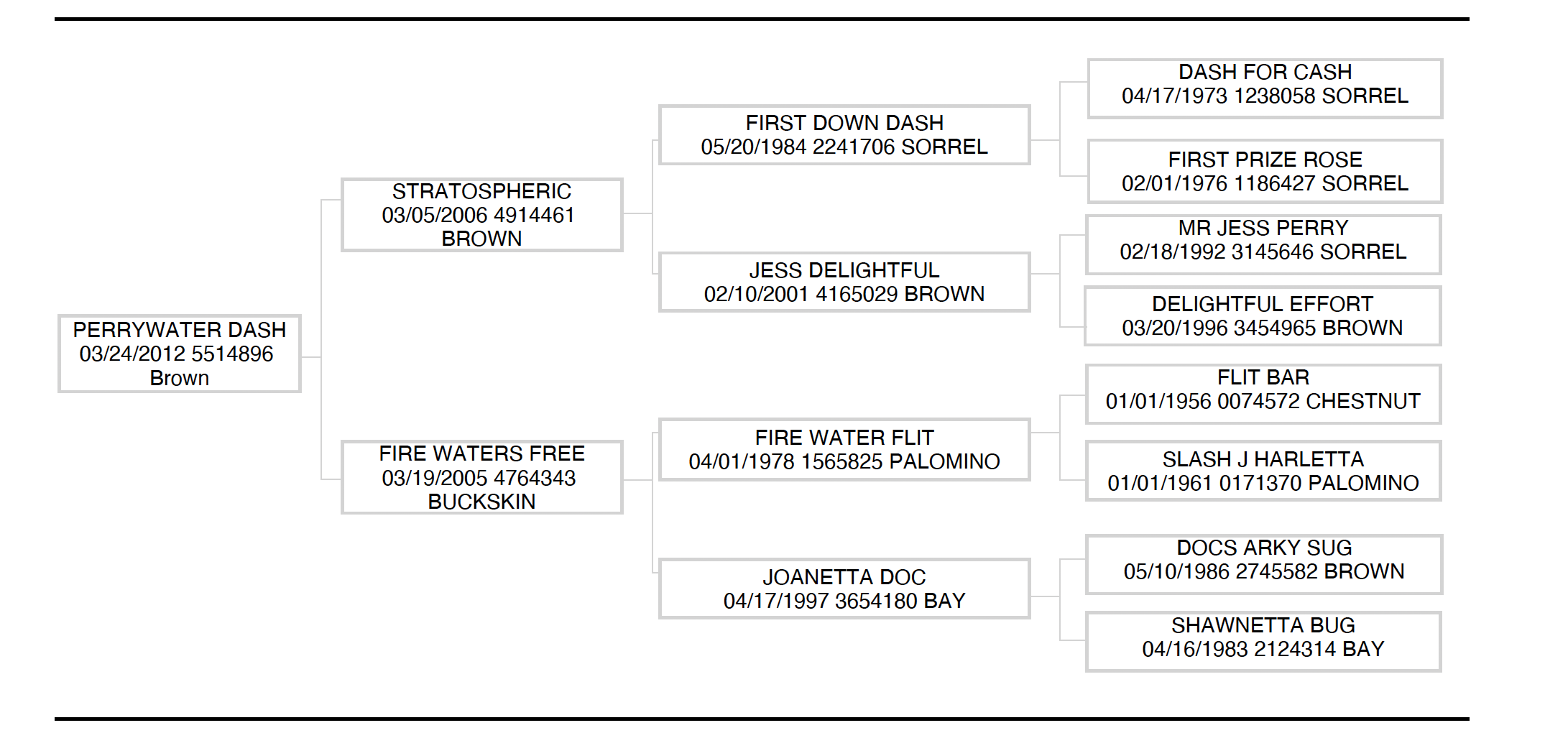 Three-generation pedigree chart for Perrywater Dash, a 2012 brown horse, listing sire Stratospheric and dam Fire Waters Free with ancestors