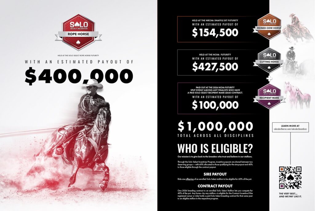 SALO Rope Horse futurity promotional flyer showing estimated payouts of $400,000 for the Select Rope Horse event and $1,000,000 total across all disciplines including Reined Cow Horse, Cutting Horse, and Recipient Mare categories