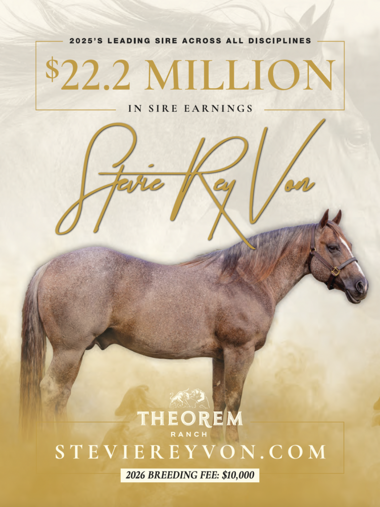 Stare Key Von stallion standing in profile at Theorem Ranch, promoted as 2025's leading sire with $22.2 million in earnings and a $10,000 breeding fee