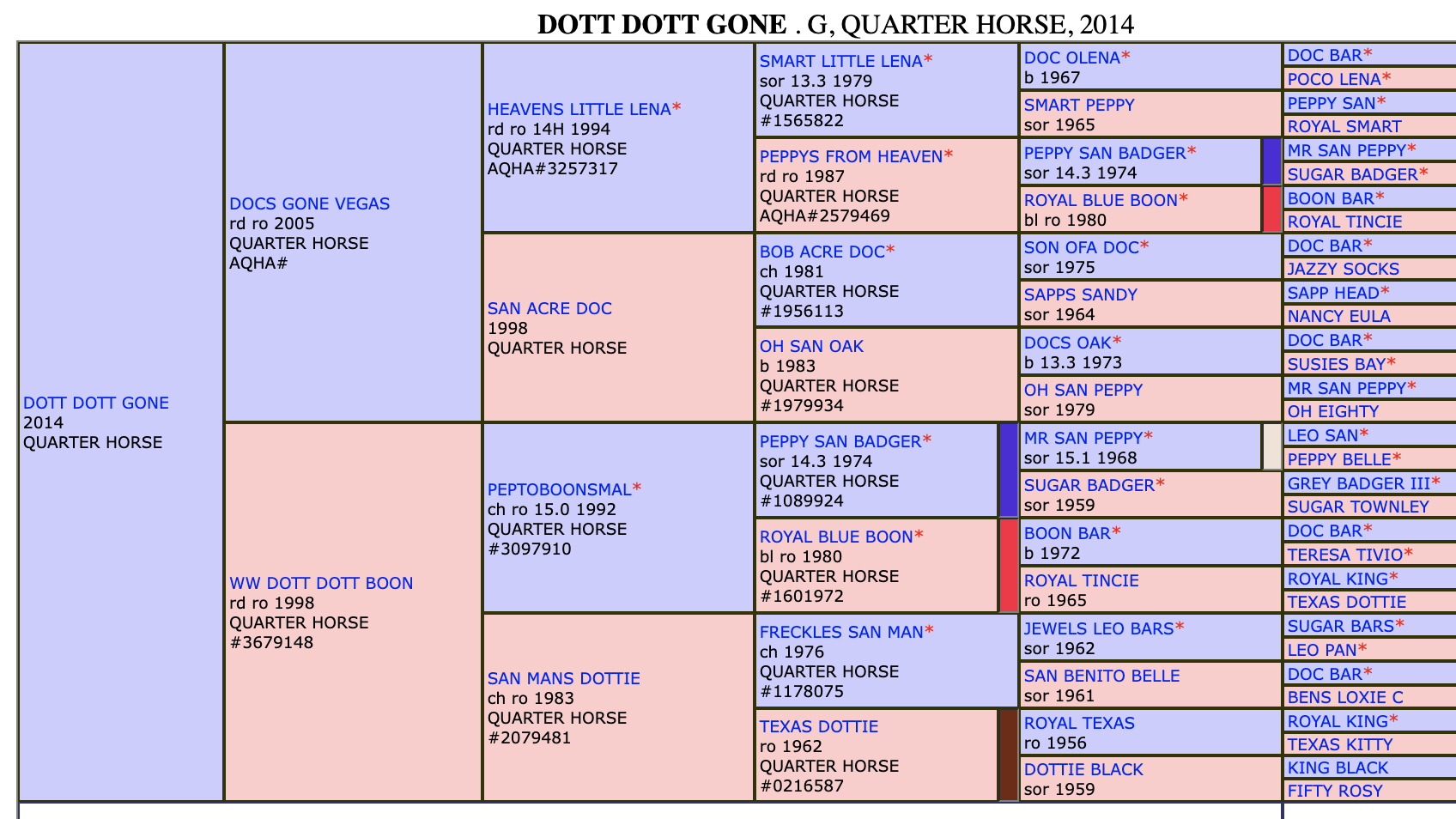 Five-generation pedigree chart for Dott Dott Gone, a 2014 Quarter Horse gelding by Docs Gone Vegas out of WW Dott Dott Boon