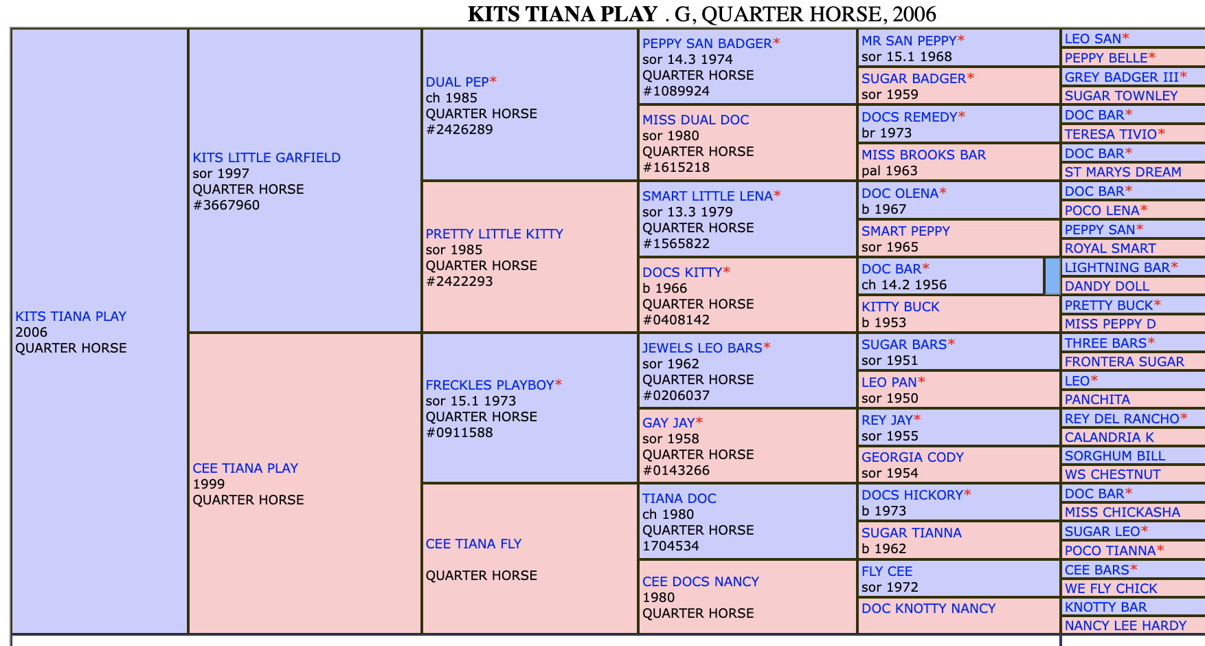 Five-generation pedigree chart for Kits Tiana Play, a 2006 Quarter Horse gelding, tracing Dual Pep and Freckles Playboy lines