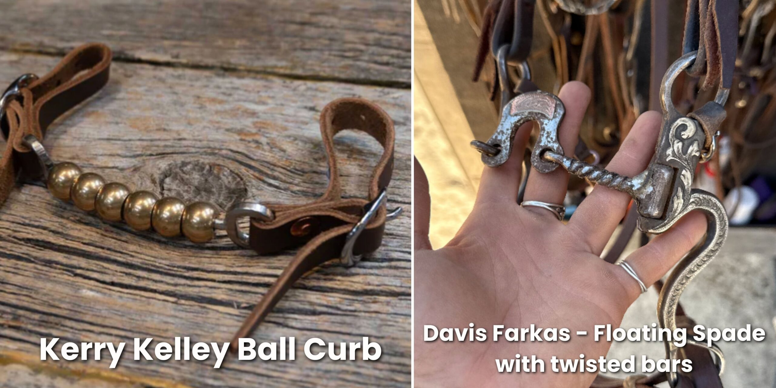 Side-by-side of a Kerry Kelley ball curb strap on weathered wood and a hand holding a Davis Farkas floating spade bit with twisted bars