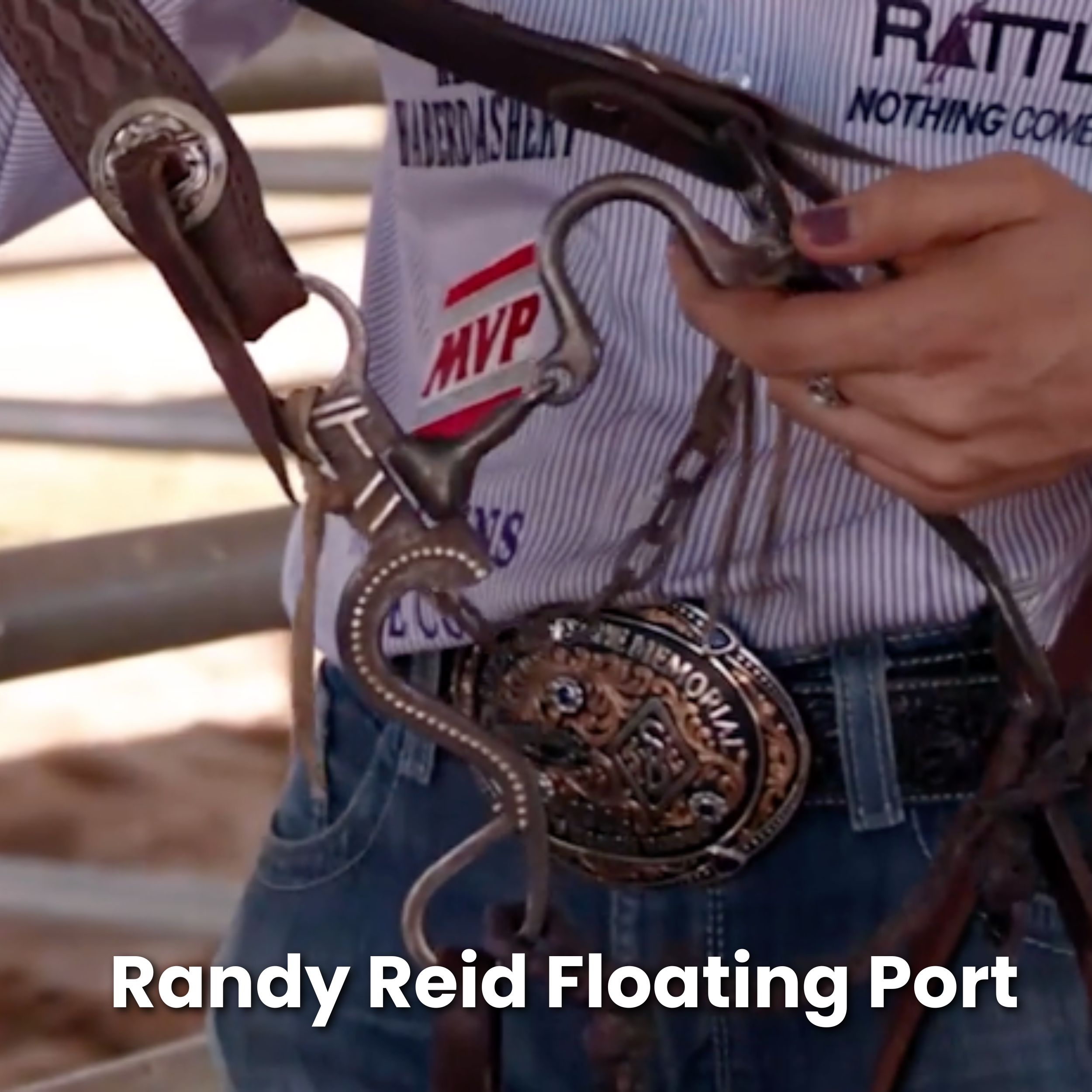 Close-up of a cowboy in a striped sponsor shirt and trophy buckle holding up a silver floating port bit, with text reading "Randy Reid Floating Port"