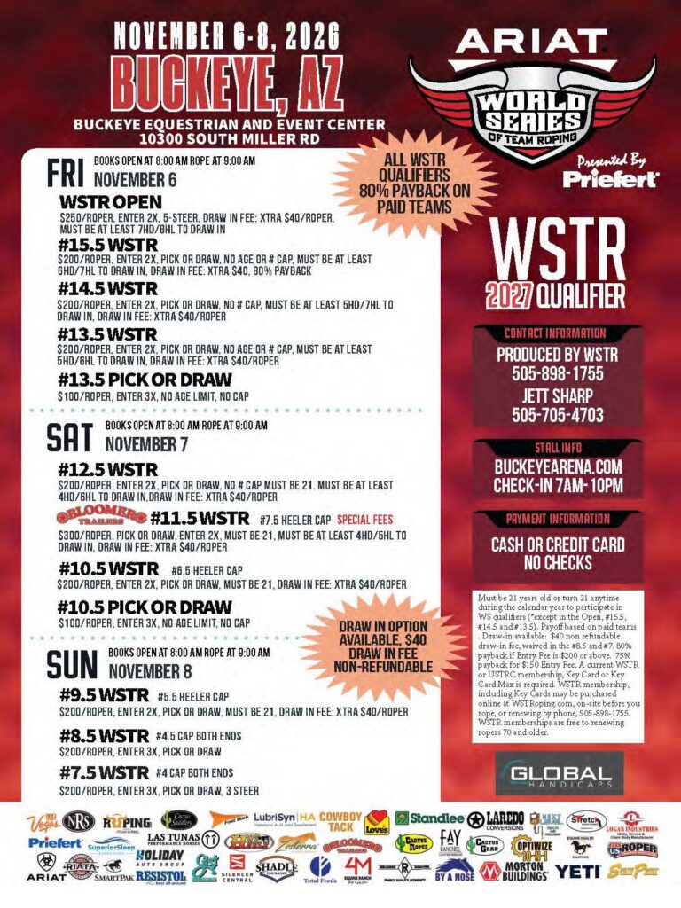 ARIAT World Series Team Roping 2027 Qualifier flyer for November 6-8, 2026 event in Buckeye, Arizona, listing event details, entry fees, and contact information