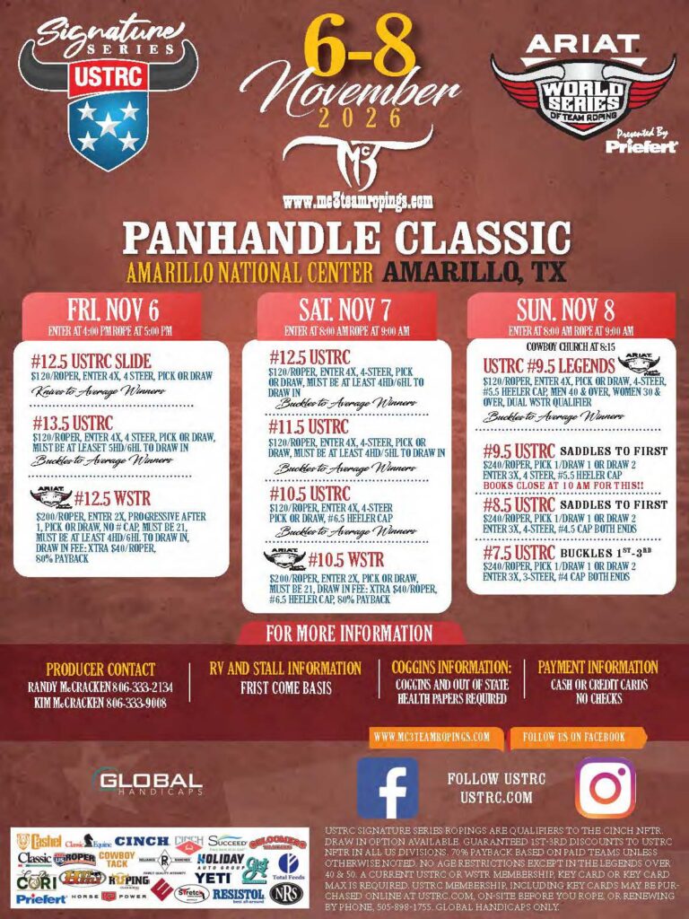 Panhandle Classic rodeo event poster for November 6-8, 2026, in Amarillo, Texas, listing USTRC Signature Series and ARIAT World Series competition details and entry information
