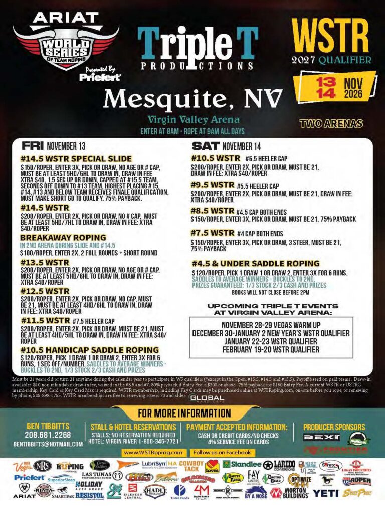 ARIAT World Series of Team Roping WSTR 2027 Qualifier flyer for November 13-14, 2026 event in Mesquite, Nevada, listing multiple roping events and entry fees at Virgin Valley Arena