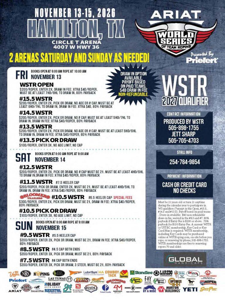 ARIAT World Series Team Roping event flyer for Hamilton, Texas, November 13-15, 2020, with entry fees, event details, and contact information