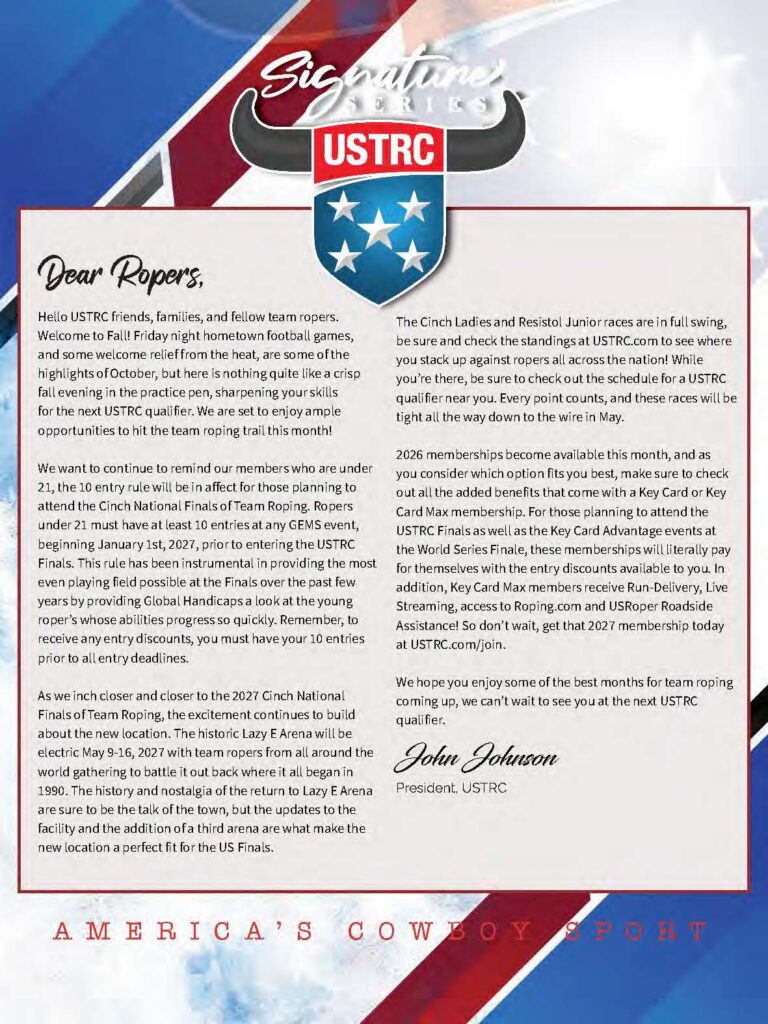 USTRC President John Johnson's letter to team ropers welcoming members to fall events and announcing 2027 Cinch National Finals details at Lazy E Arena