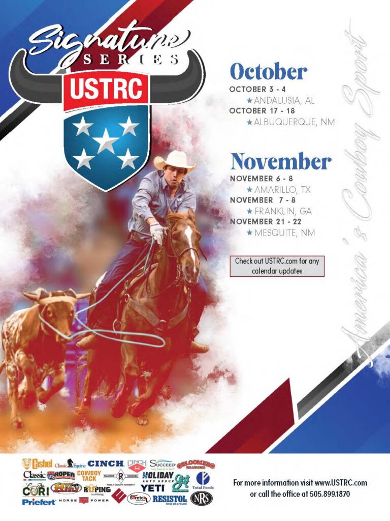 USTRC Signature Series schedule poster featuring a roper on horseback competing in October and November events across Andalusia, Franklin, Albuquerque, Amarillo, and Mesquite