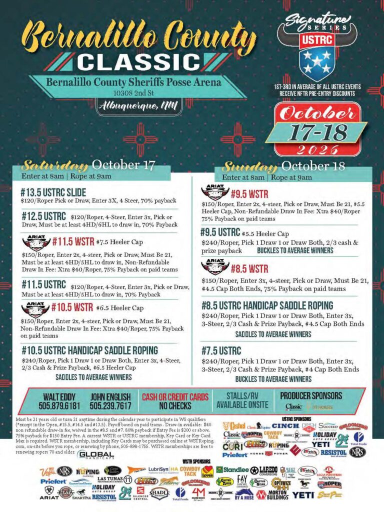 Bernalillo County Classic rodeo event flyer advertising USTRC saddle roping and steer roping competitions October 17-18, 2026 in Albuquerque, New Mexico