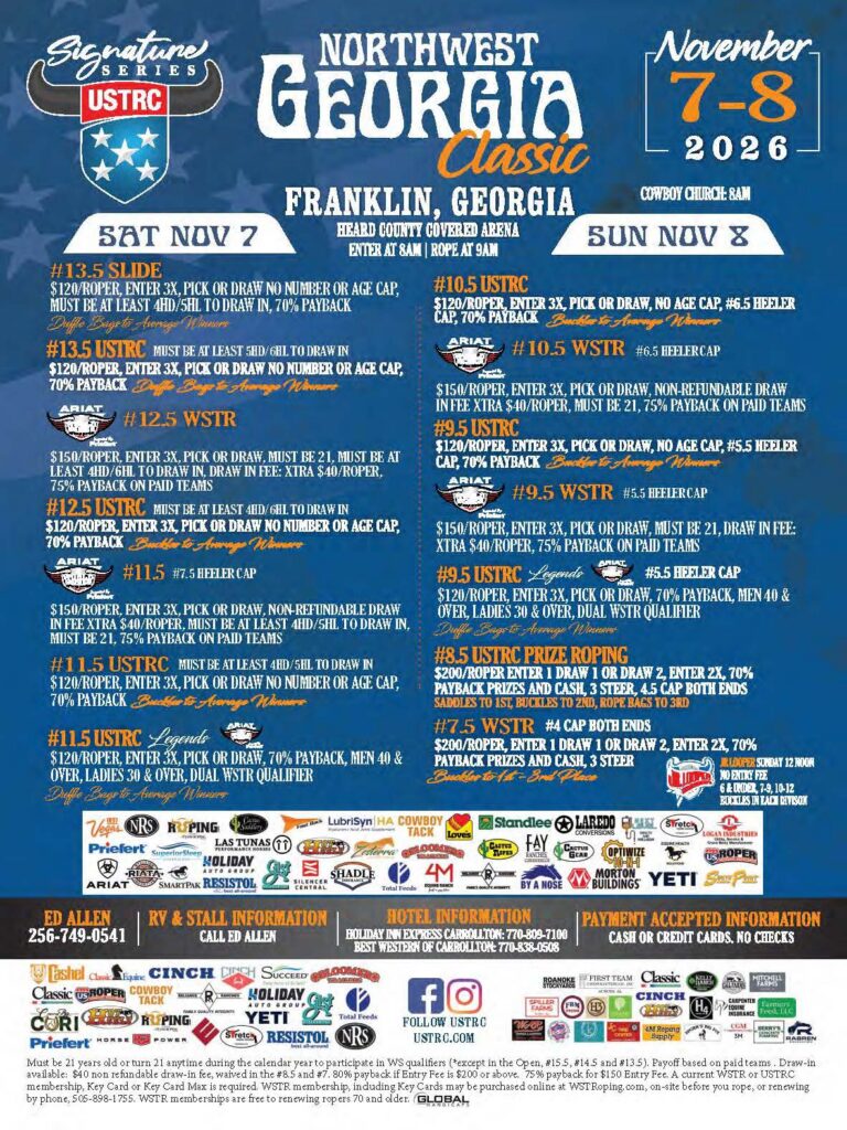 Northwest Georgia Classic rodeo event flyer for November 7-8, 2026, listing USTRC sanctioned competitions including roping and sliding events in Franklin, Georgia