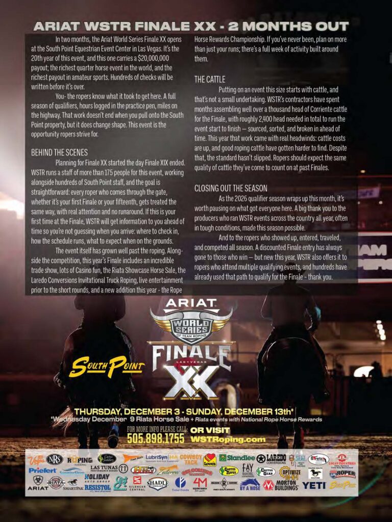 Ariat WSTR Finale XX promotional poster featuring two silhouetted ropers on horseback at South Point Equestrian Event Center, with event details and sponsor logos