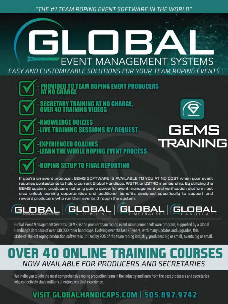 Global Event Management Systems promotional flyer advertising team roping software, training courses, and services for event producers and secretaries