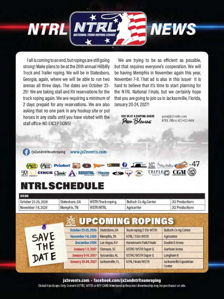 NTRL National Team Roping League news announcement featuring fall event details, 2026-2027 schedule, and upcoming ropings at various venues