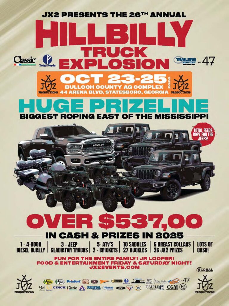 Promotional poster for the 26th Annual Hillbilly Truck Explosion rodeo event October 23-25 in Statesboro, Georgia, featuring trucks, ATVs and motorcycles with over $537,000 in cash and prizes advertised
