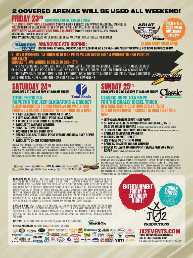 Tan flyer advertising East Tennessee Team Roping event with schedule for Friday 23rd through Sunday 25th, listing entry fees, rope specifications, and prize details across two arenas