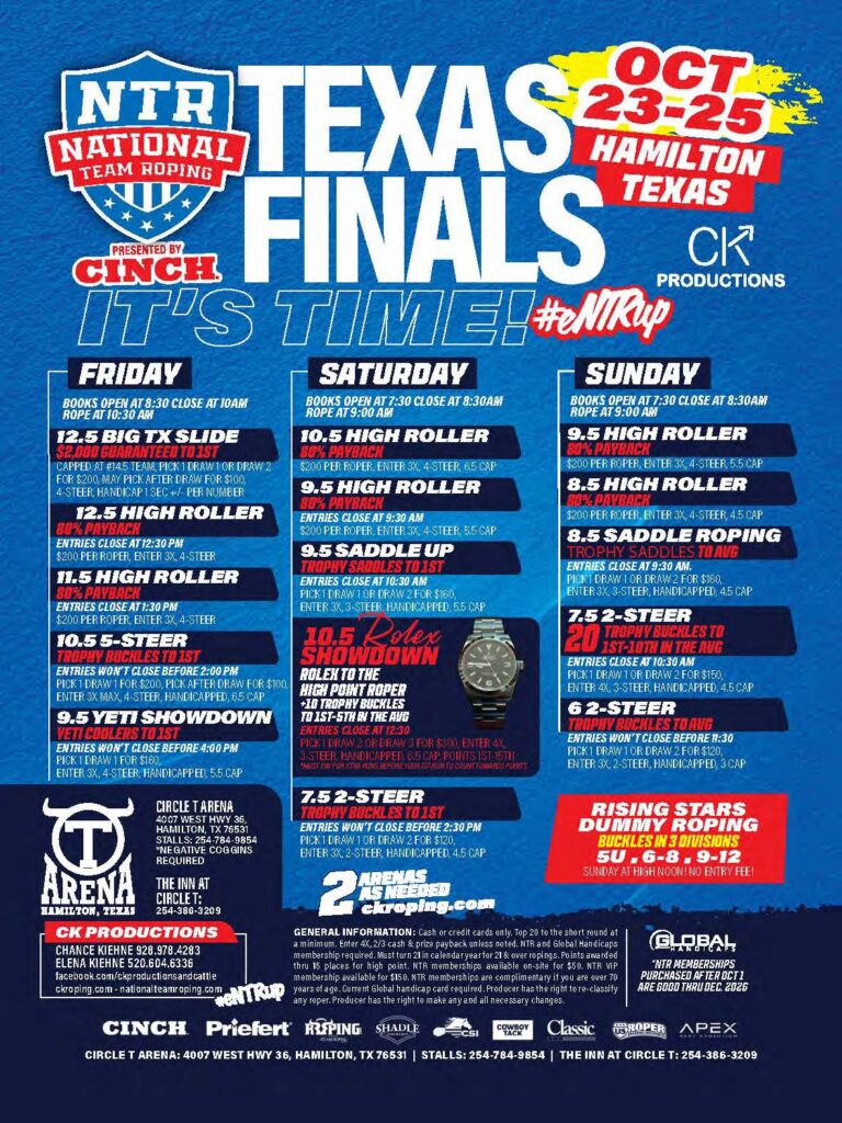 NTR National Team Roping Texas Finals schedule poster for October 23-25 in Hamilton, Texas, featuring event times, entry details, and venue information at Circle T Arena