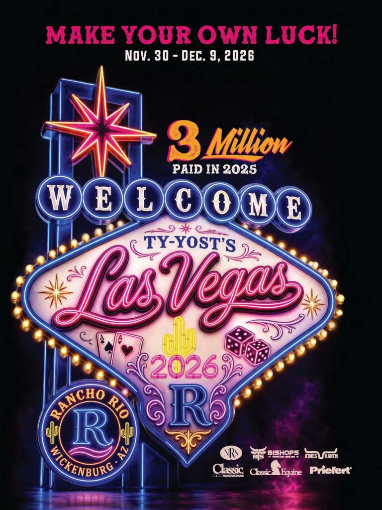 Neon Las Vegas sign advertising Rancho Rio Wickenburg 2026 event with $3 million paid in 2025, running Nov. 30-Dec. 9, 2026