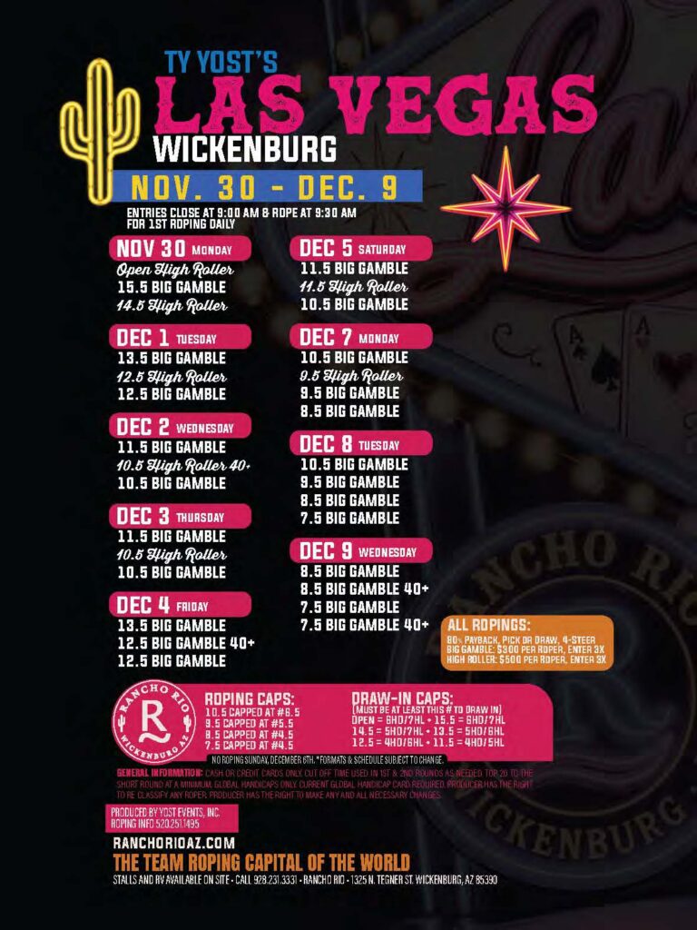 Ty Yost's Las Vegas Wickenburg rodeo schedule flyer, Nov. 30–Dec. 9, listing daily events including big gamble and sligh roller ropings with entry fees and times