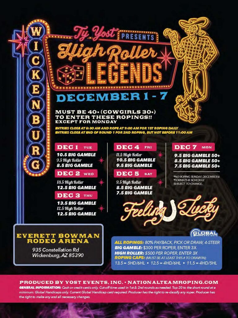 Ty Yost Presents High Roller Legends rodeo event poster for December 1-7 at Everett Bowman Rodeo Arena in Wickenburg, Arizona