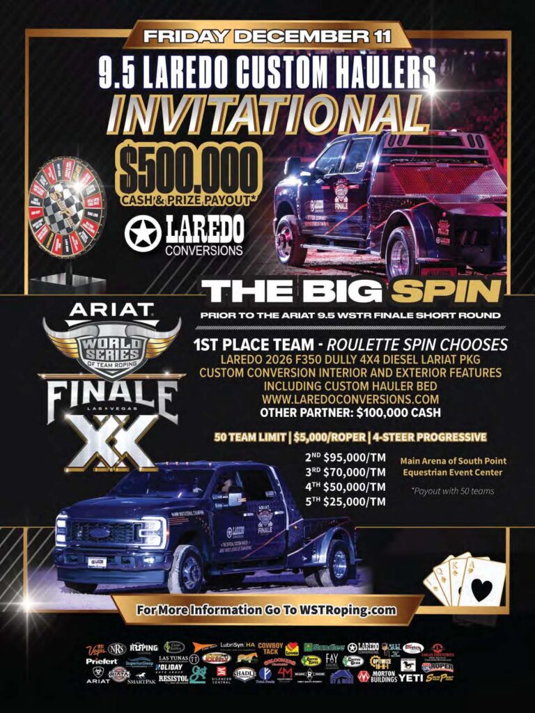 Promotional flyer for the 9.5 Laredo Custom Haulers Invitational roping event on Friday, December 11, featuring a $500,000 cash and prize payout and custom truck giveaway