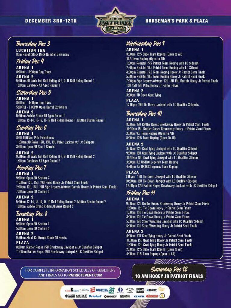 Junior Patriot Las Vegas event schedule for December 3-12 at Horseman's Park & Plaza, featuring multiple arena competitions and rodeo events across various disciplines