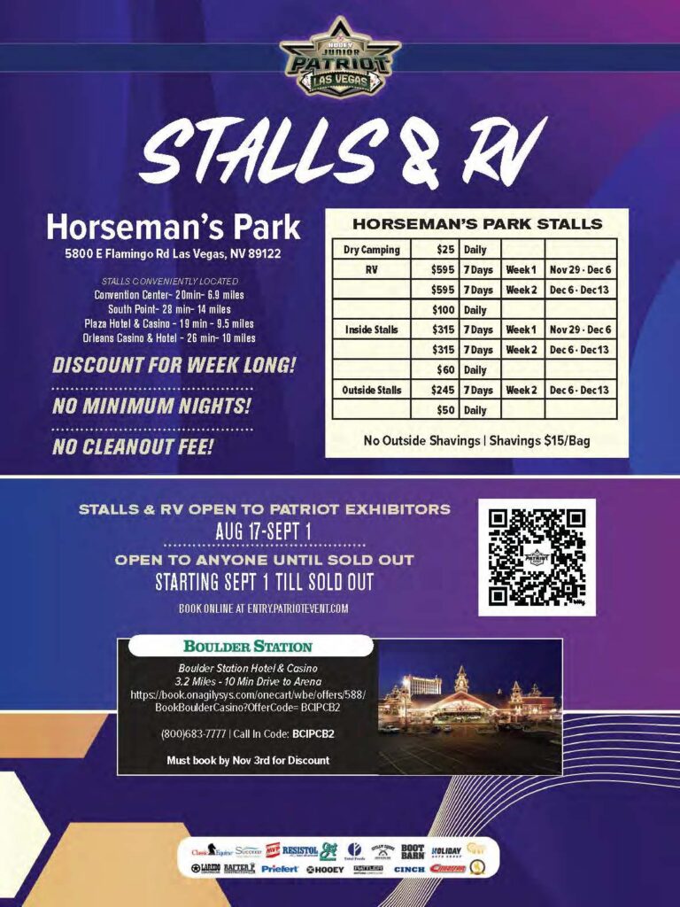 Junior Patriot Las Vegas promotional flyer advertising stalls and RV parking at Horseman's Park with pricing and booking details