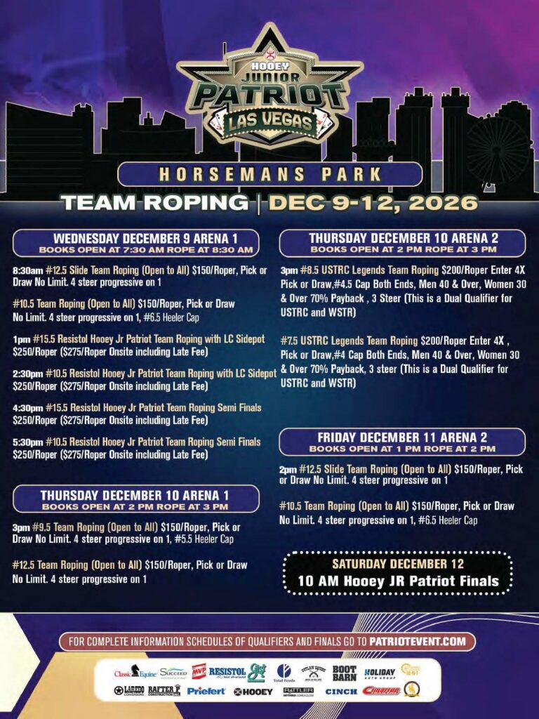 Hooey Junior Patriot Las Vegas team roping event schedule at Horsemans Park, December 9-12, 2026, with competition details and entry fees displayed against a purple Las Vegas skyline background