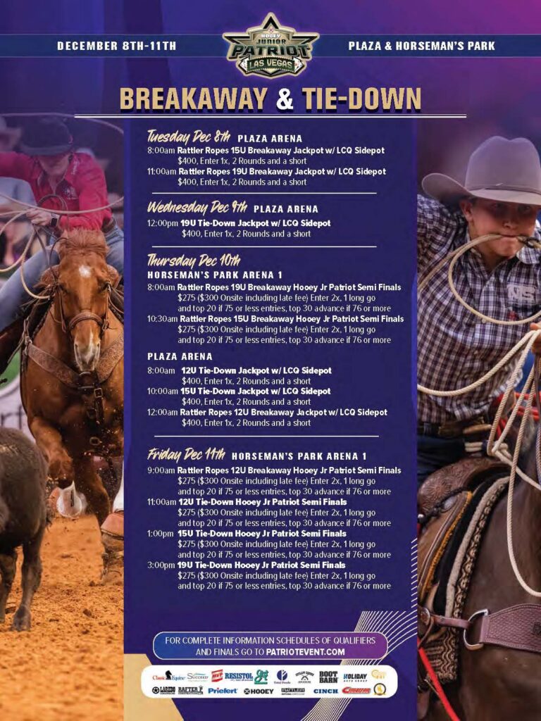 Junior Patriot Breakaway & Tie-Down event schedule for Dec 8-11 at Las Vegas Plaza and Horseman's Park, featuring rattler ropes and hooey jackpot competitions with entry fees and prize information
