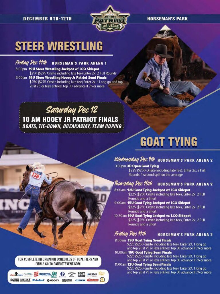Promotional flyer for the Junior Patriot Las Vegas rodeo event December 9-12 at Horseman's Park, featuring steer wrestling and goat tying competitions with entry fees and event times listed