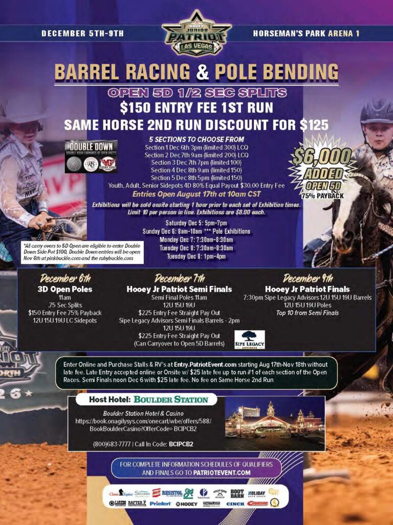 Patriot Barrel Racing and Pole Bending event poster for December 5-9 at Horseman's Park Arena 1 in Las Vegas, featuring $6,000 added purse and entry details for open and youth divisions