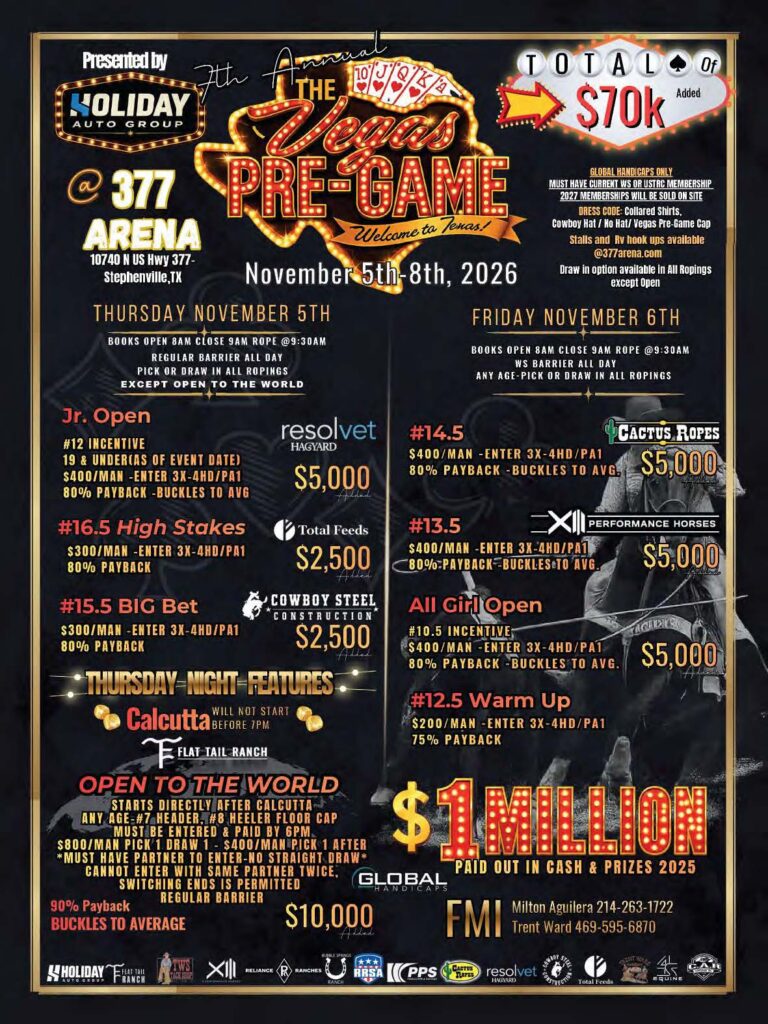 9th Annual Roping Pre-Game event flyer for November 5-8, 2026 at @ 377 Arena in Stephenville, Texas, featuring multiple roping competitions with prize money and entry details.