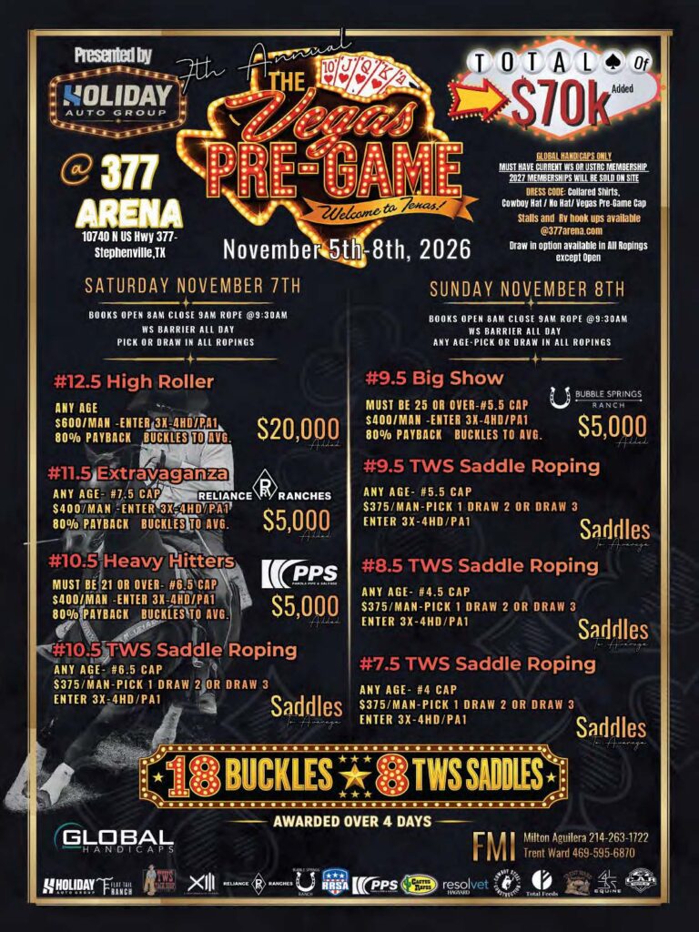 Flyer for the 4th Annual Ames Pre-Game rodeo event November 5-8, 2026 at 377 Arena in Stephenville, Texas, advertising multiple saddle bronc and roping competitions with prize money totaling $70,000
