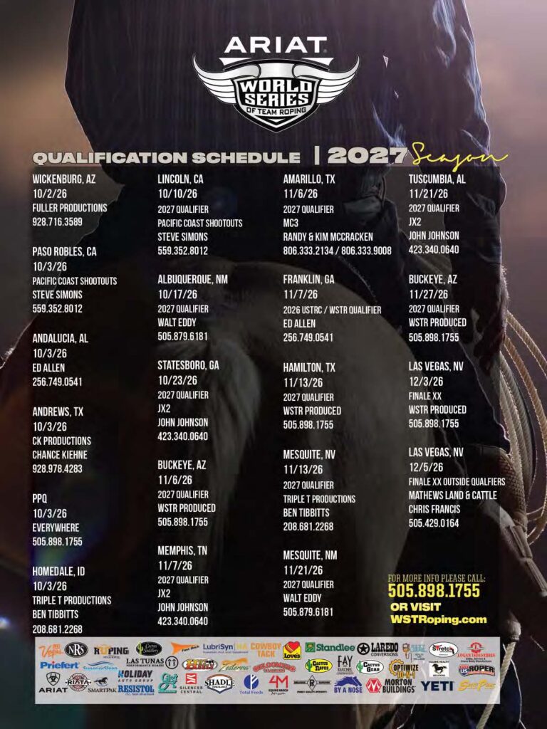 Ariat World Series of Team Roping 2027 qualification schedule listing events across multiple states with dates, organizers, and contact information