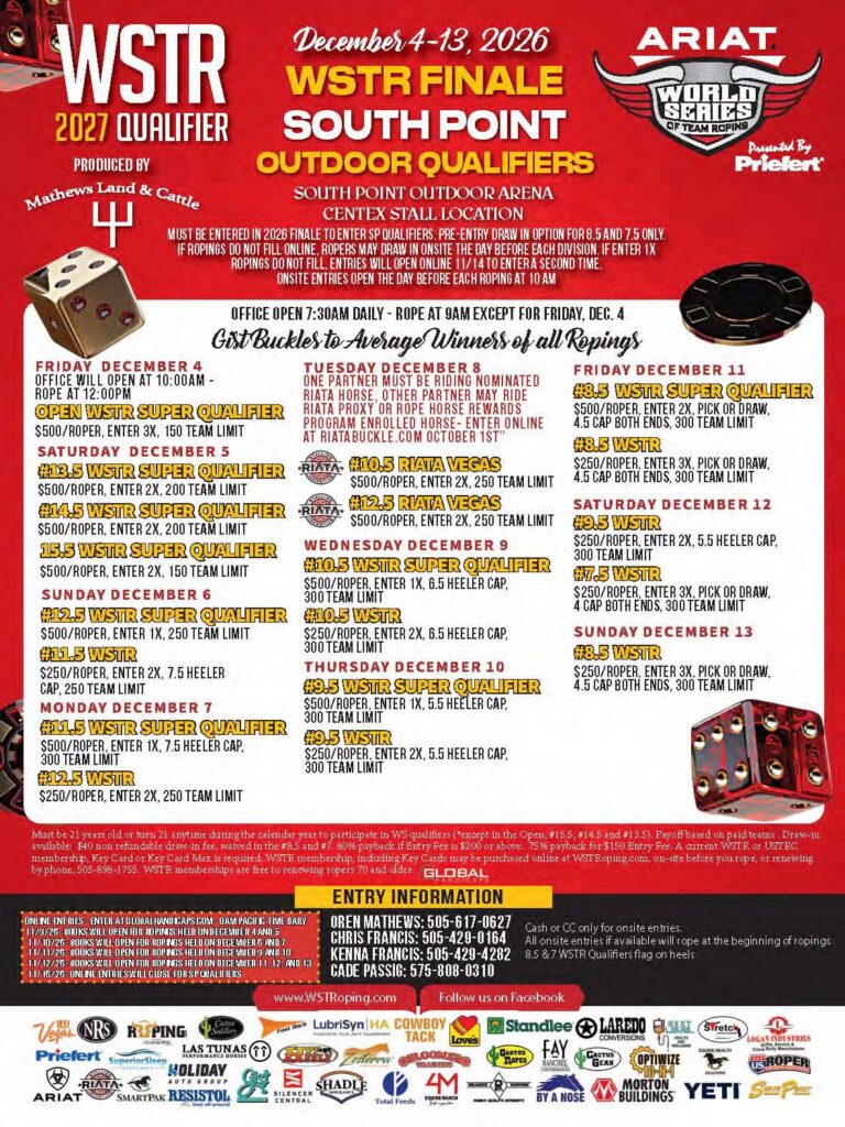 WSTR 2027 Qualifier and ARIAT World Series of Team Roping finale poster advertising South Point Outdoor Qualifiers in Las Vegas, December 4-13, 2026