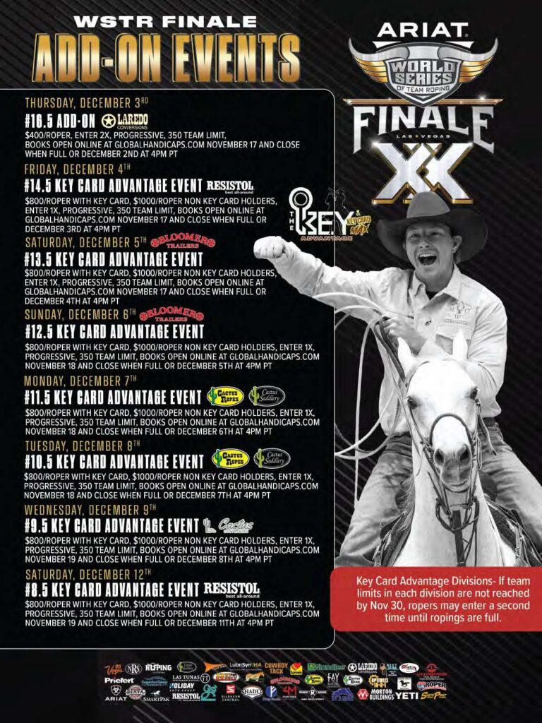WSTR Finale add-on events and Ariat World Series Team Roping Finale XX promotional flyer featuring rodeo competition details and a cowboy on horseback