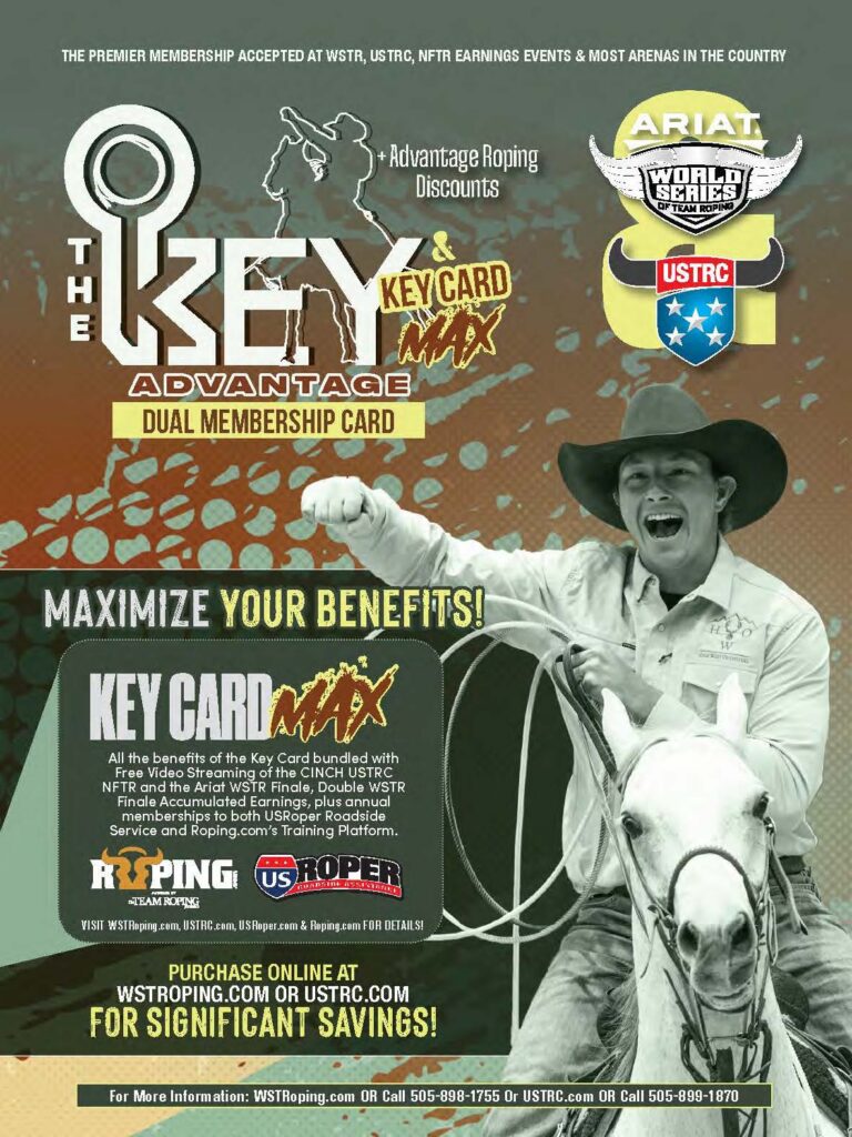 Promotional flyer for The Key Advantage dual membership card featuring a roper on horseback holding a lasso, advertising WSTR, USTRC, and NFTR benefits with Ariat World Series branding