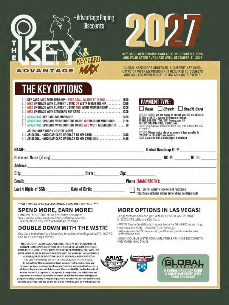 The Key Advantage Roping 2027 Key Card membership form displays pricing options and registration details for USTRC and WSTR roping events