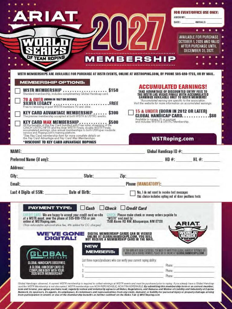 ARIAT World Series of Team Roping 2027 membership card application form with pricing options ranging from $150 to $500 and member benefits details