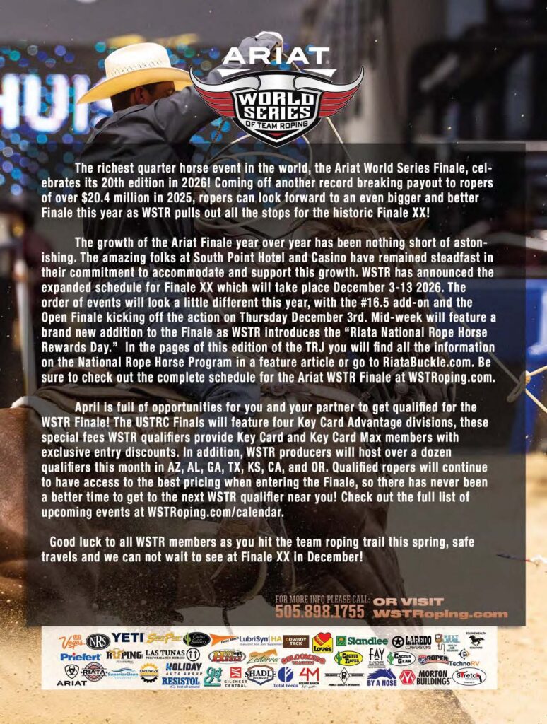 Ariat World Series of Team Roping promotional poster featuring a cowboy in a tan hat, with text detailing the 2026 Finale's 20th edition, $20.4 million payout, and April qualifier opportunities