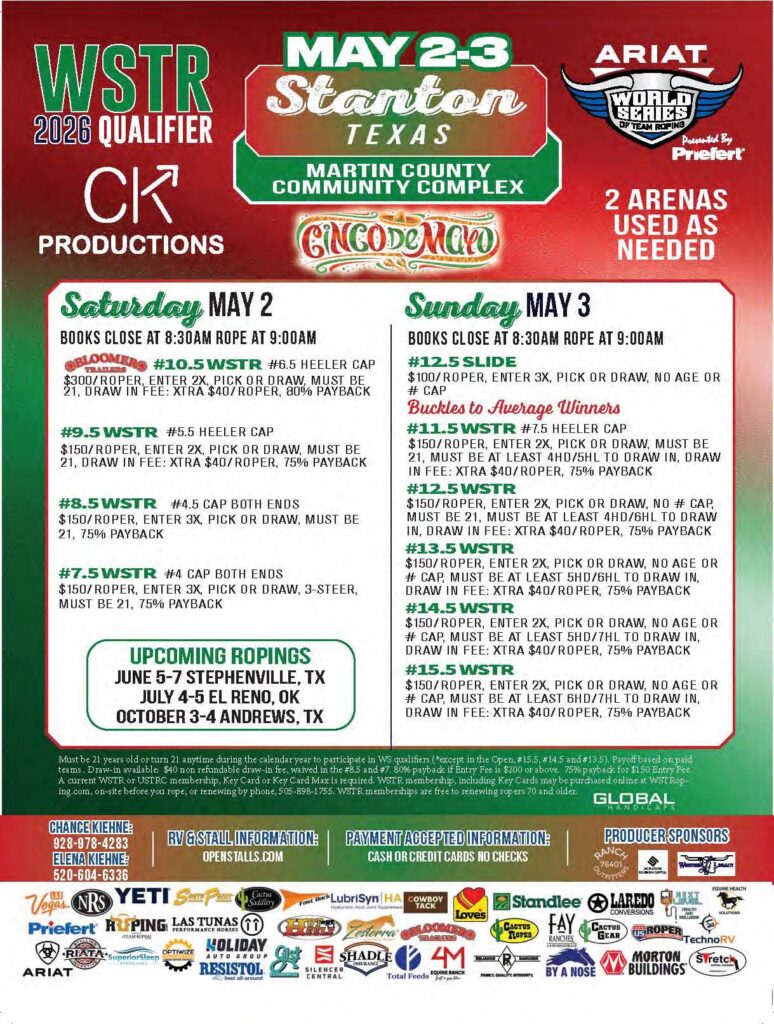 WSTR 2026 Qualifier flyer for May 2-3 Stanton, Texas team roping event at Martin County Community Complex with entry details and upcoming ropings schedule