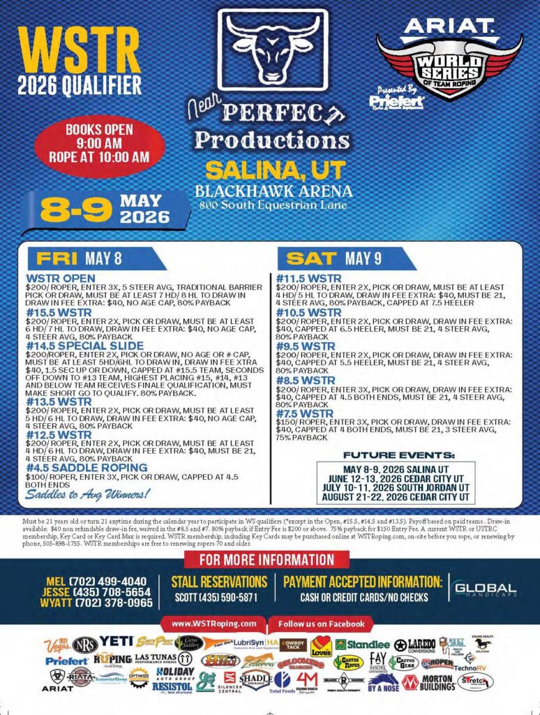 WSTR 2026 Qualifier flyer for Salina, Utah team roping event May 8-9 at Blackhawk Arena, presented by Near Perfect Productions and ARIAT World Series of Team Roping